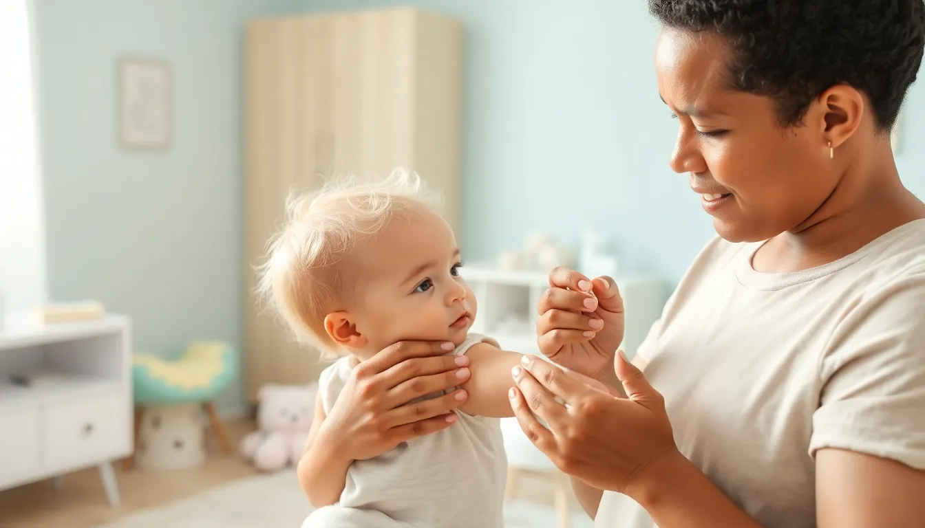 Parent applying hydrocortisone cream to a baby in a bright nursery.