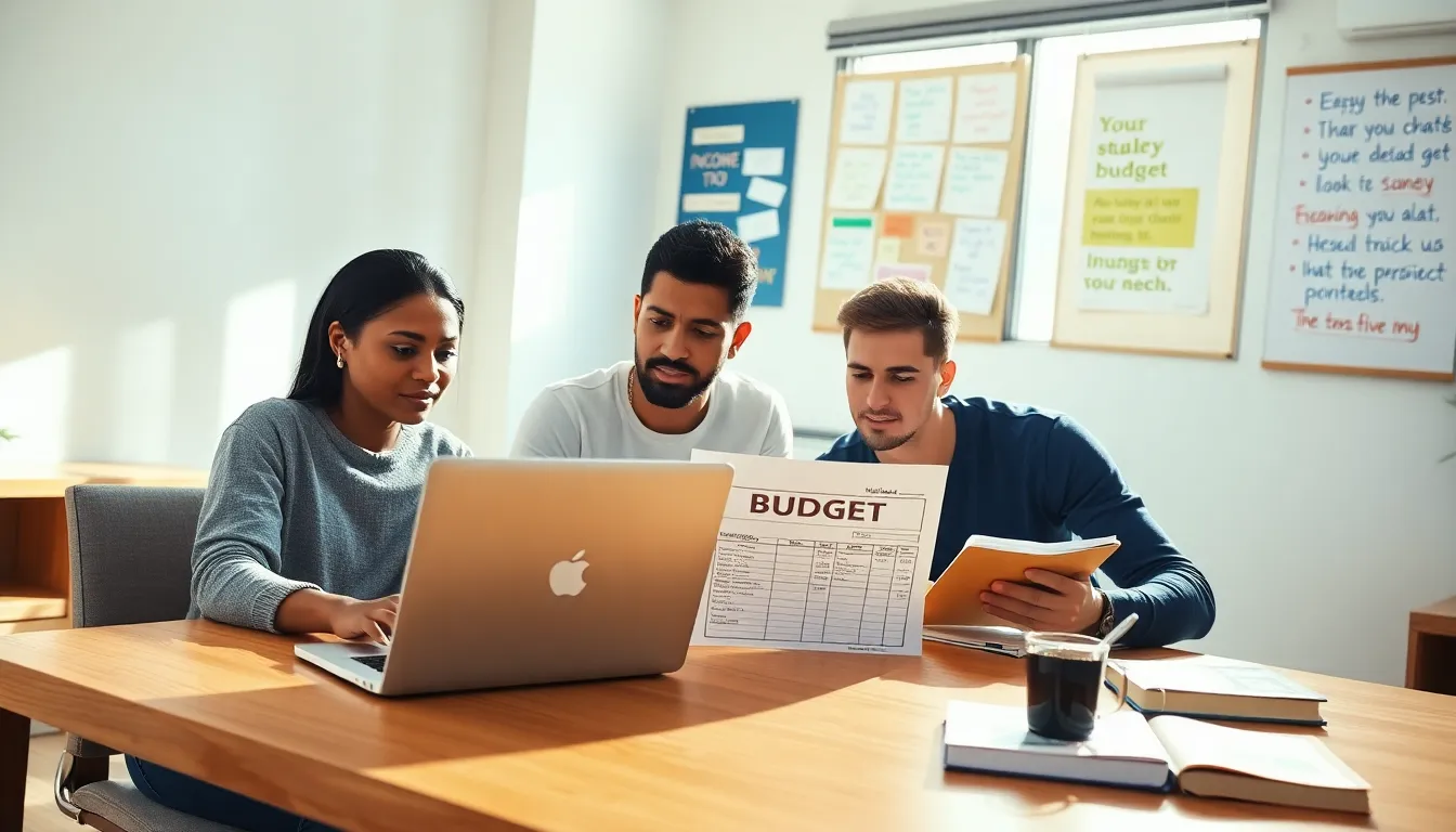 college students collaborating on a budgeting plan in a modern dorm room.