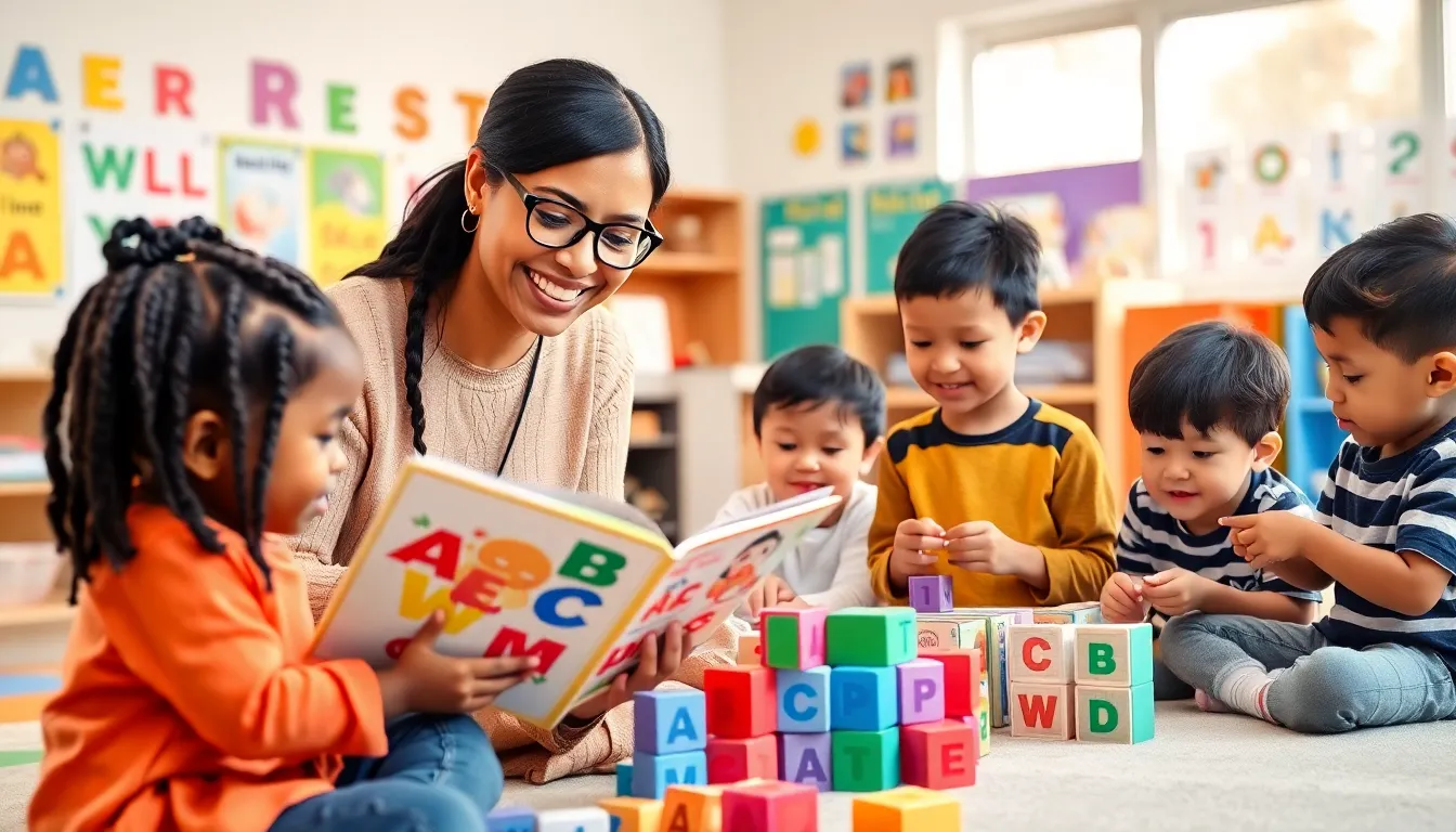 children engaged in language activities in a bright preschool classroom.